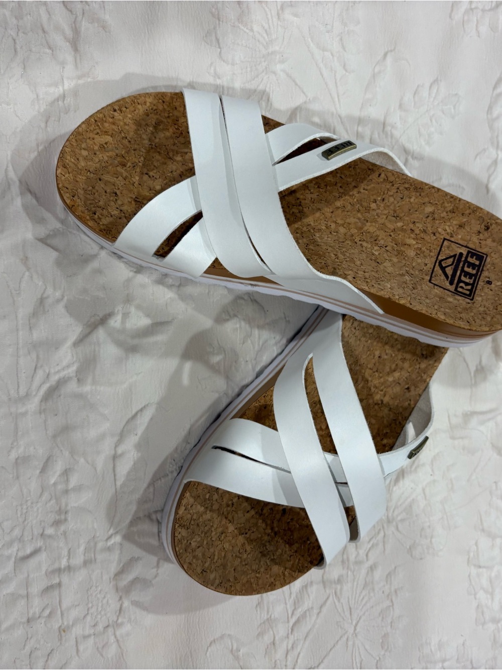 Reef Women’s White Cork Crisscross Slide Sandals size 8